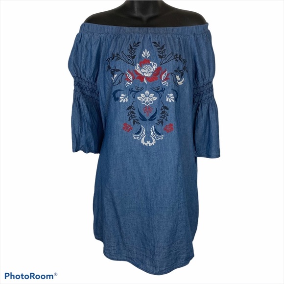 BLUE RAIN Blue Embroidered BOHO Off-Shoulder Mini Dress w/ Pockets Medium - Picture 1 of 10